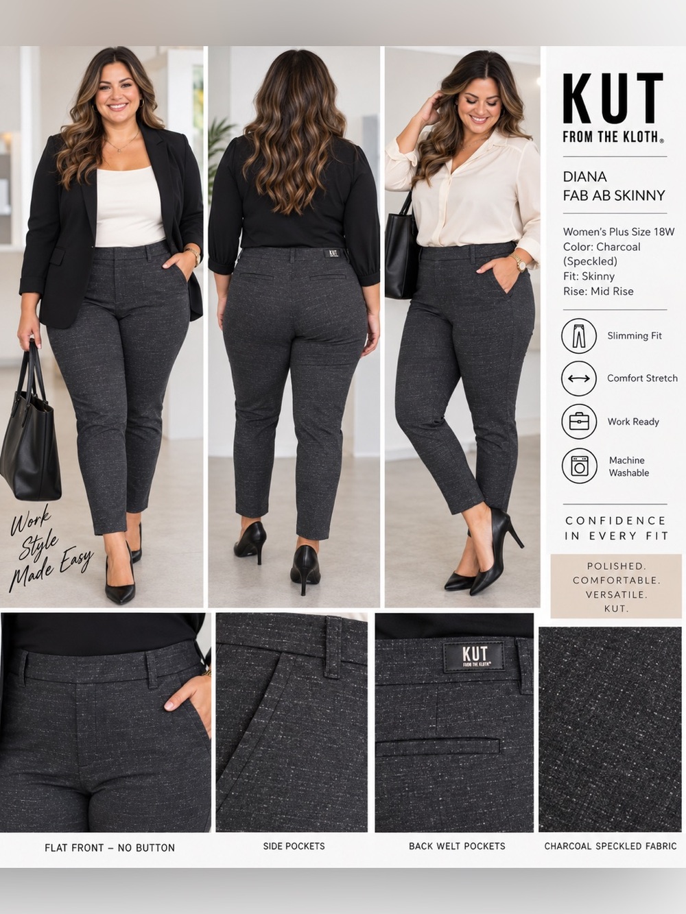 Kut from the Kloth Diana Fab Ab Skinny Trousers in charcoal Size 18W